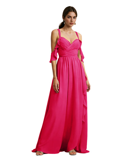 Cold Shoulder Chiffon Bridesmaid Dress with Draped V-Neck Bodice