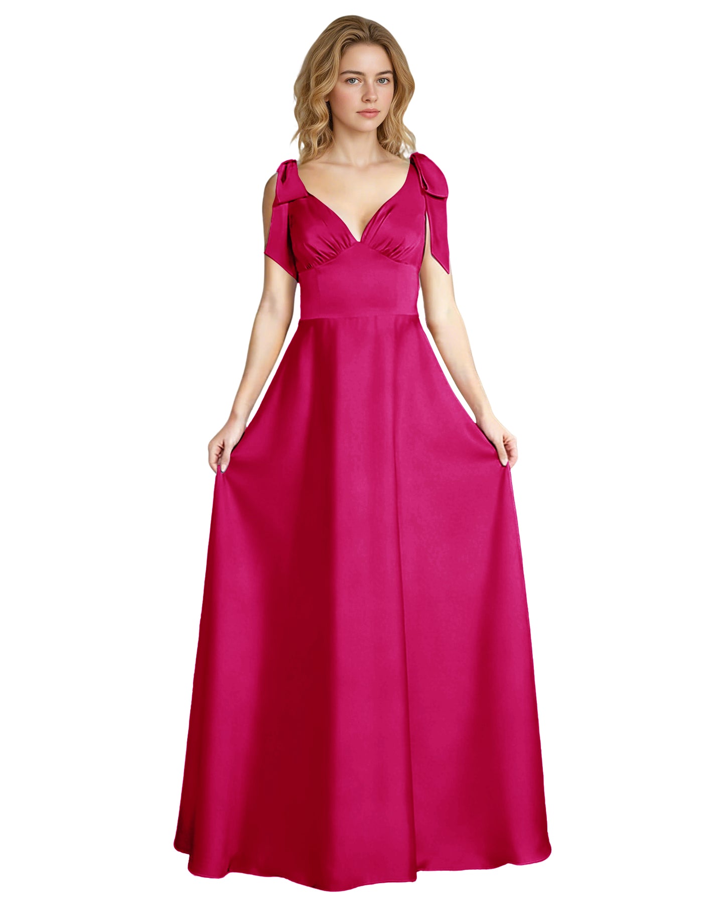 V-Neck Bow Strap Satin Bridesmaid Dress with Empire Waist