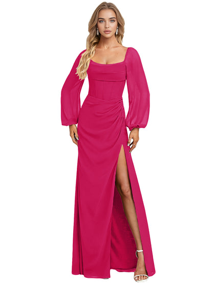 Square Neck Long Sleeve Satin Bridesmaid Dress with Side Slit