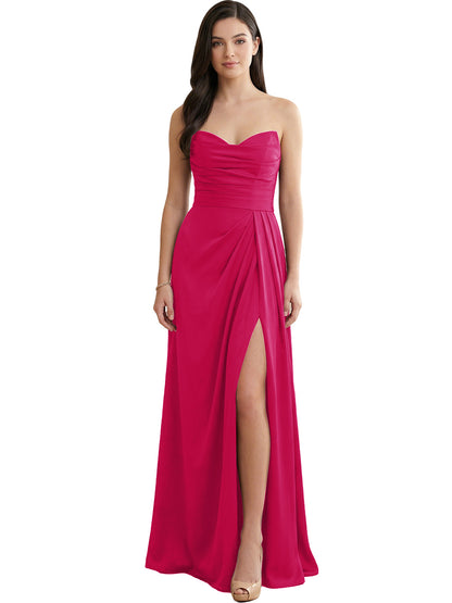 Strapless Pleated Satin Bridesmaid Dress with Side Slit
