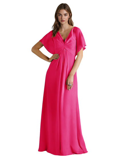 Short Sleeve V-Neck Chiffon Bridesmaid Dress with Gathered Waist