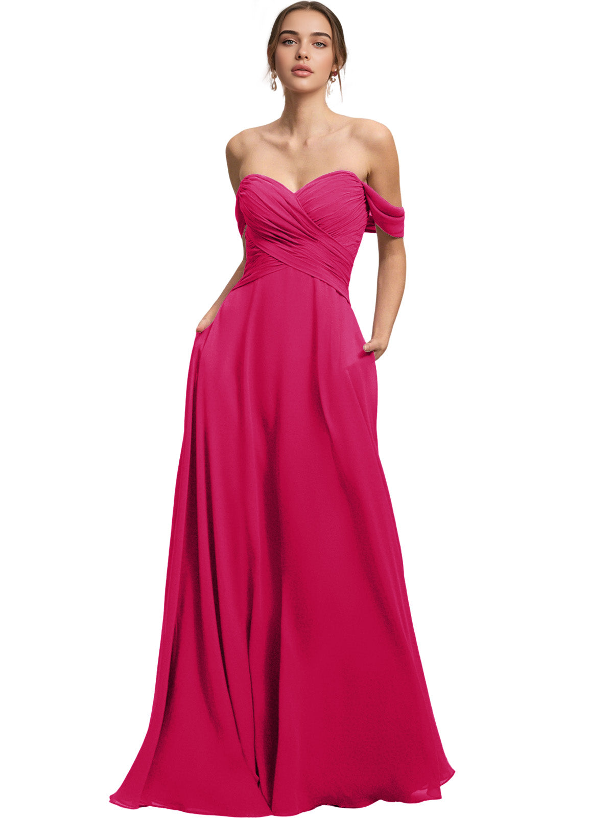 Off Shoulder Chiffon Bridesmaid Dress with Draped Bodice and A-Line Dress