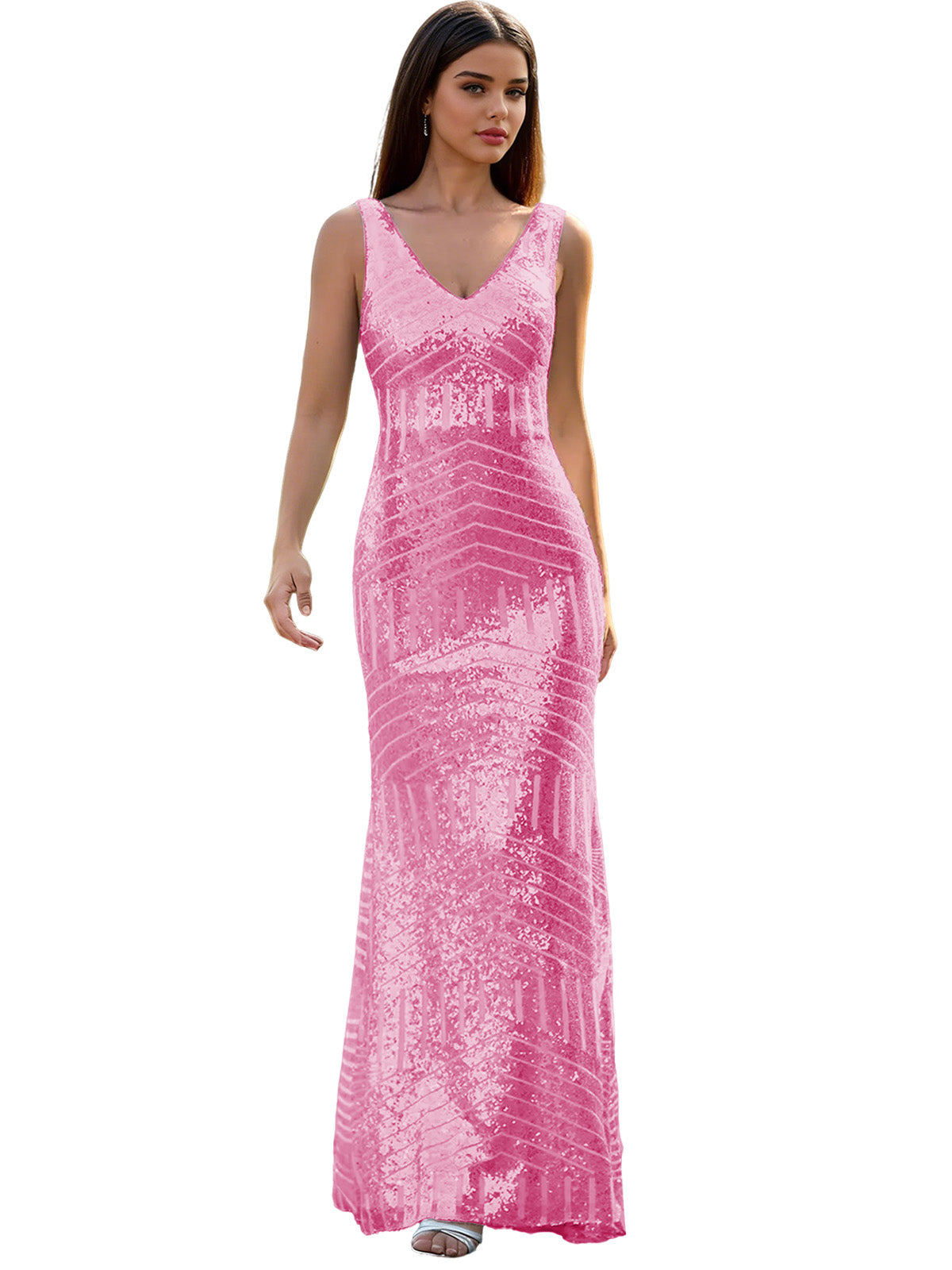 V-Neck Sequin Column Prom Dress with Beaded Waist and Low Back
