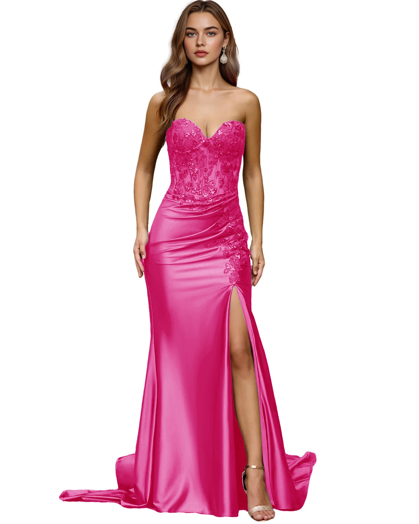 Strapless Emerald Satin Mermaid Prom Dress with Beaded Bodice and Slit