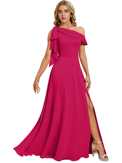Asymmetric Off Shoulder Bridesmaid Dress with Draped Sleeve and Slit