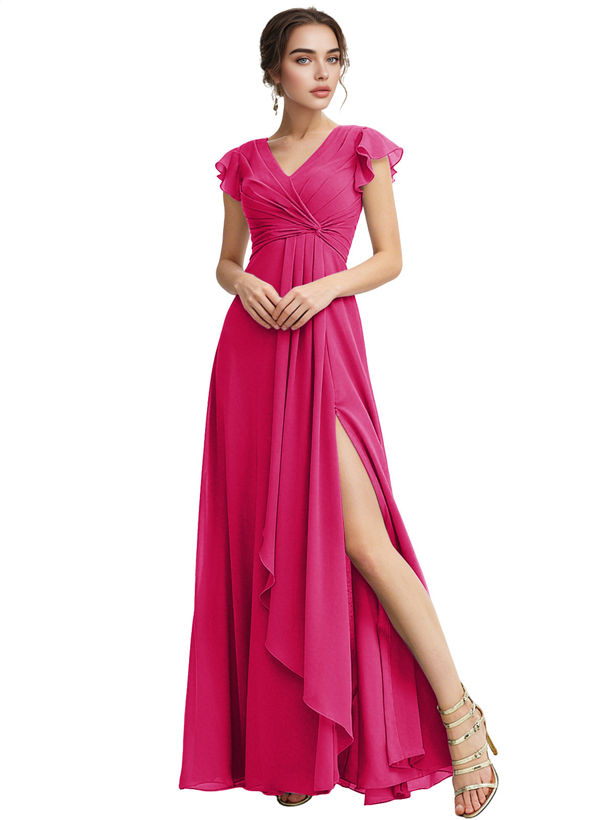 Cap Sleeve Chiffon Bridesmaid Dress with Ruffle V-Neck and Slit