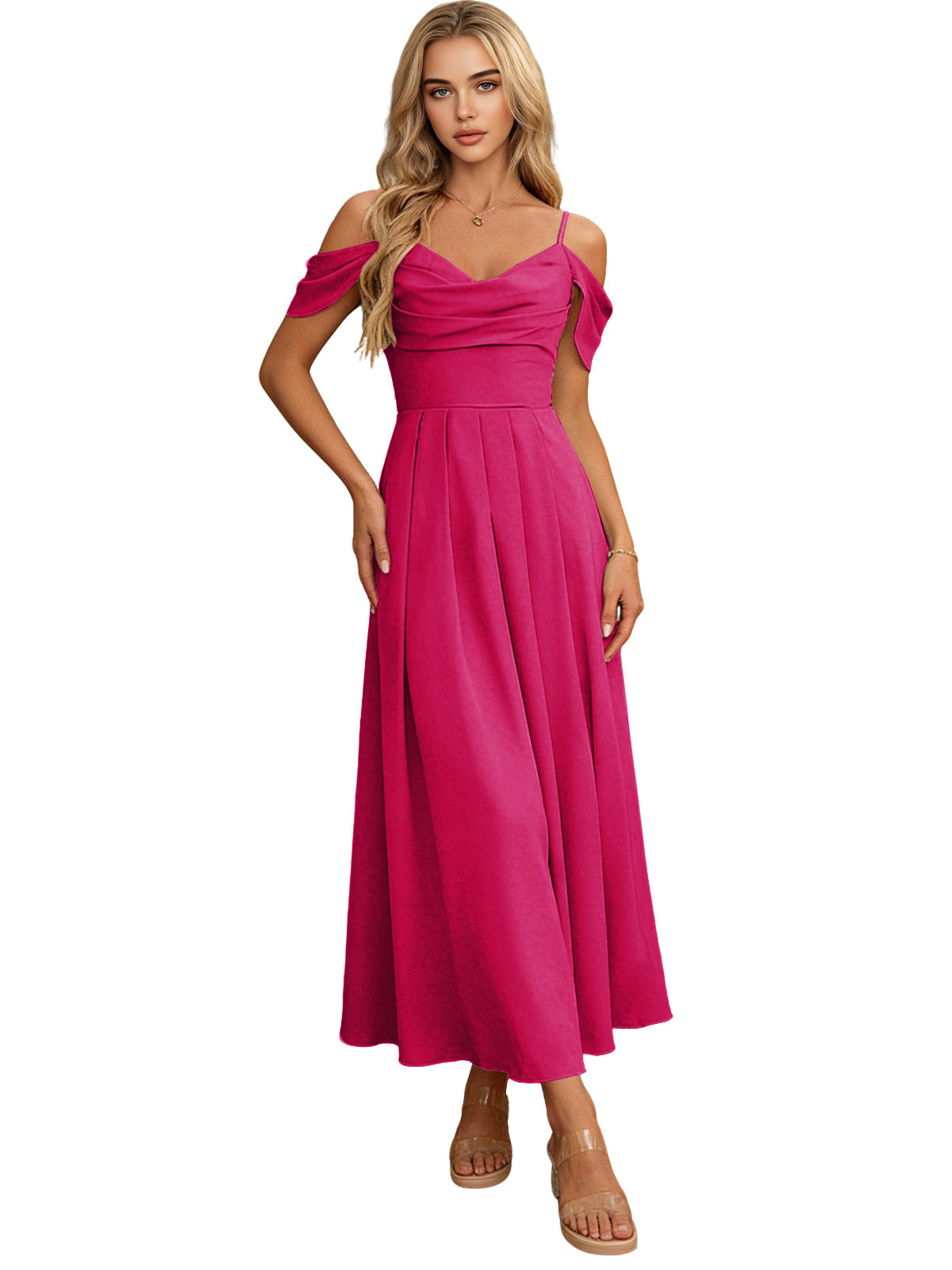 Off Shoulder Midi Bridesmaid Dress with Pleated Bodice and Flowing dress