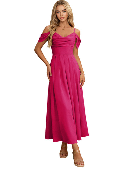 Off Shoulder Midi Bridesmaid Dress with Pleated Bodice and Flowing dress