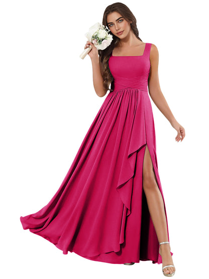 Square Neck Chiffon Bridesmaid Dress with Corset Back and Slit