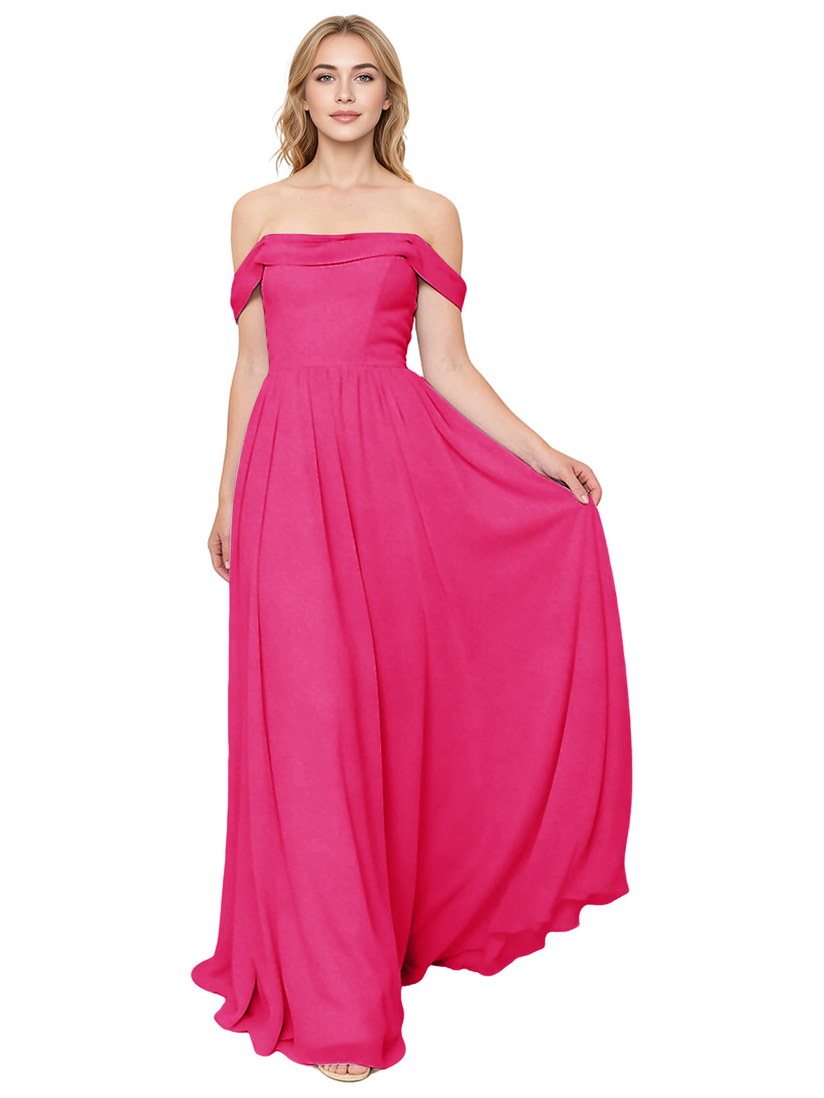 Off Shoulder Pleated Chiffon Bridesmaid Dress with Flowing A-Line Dress