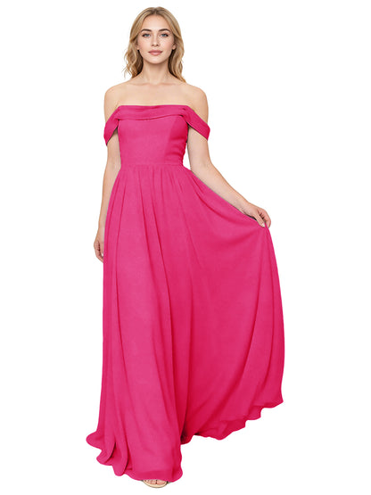 Off Shoulder Pleated Chiffon Bridesmaid Dress with Flowing A-Line Dress