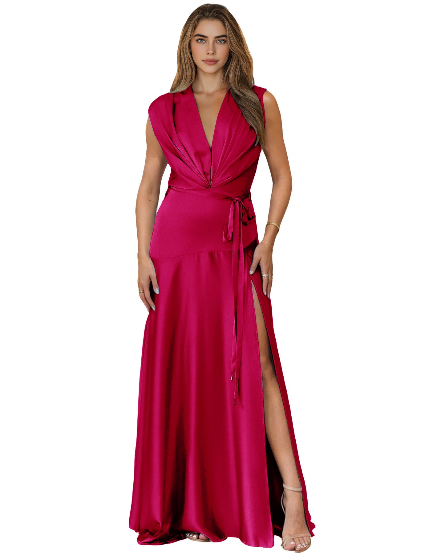 Plunging V-Neck Satin A-Line Prom Dress with Wrap Waist and Slit