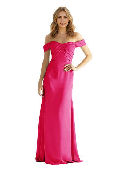 Sweetheart Off Shoulder Satin Bridesmaid Dress with Wrapped Bodice