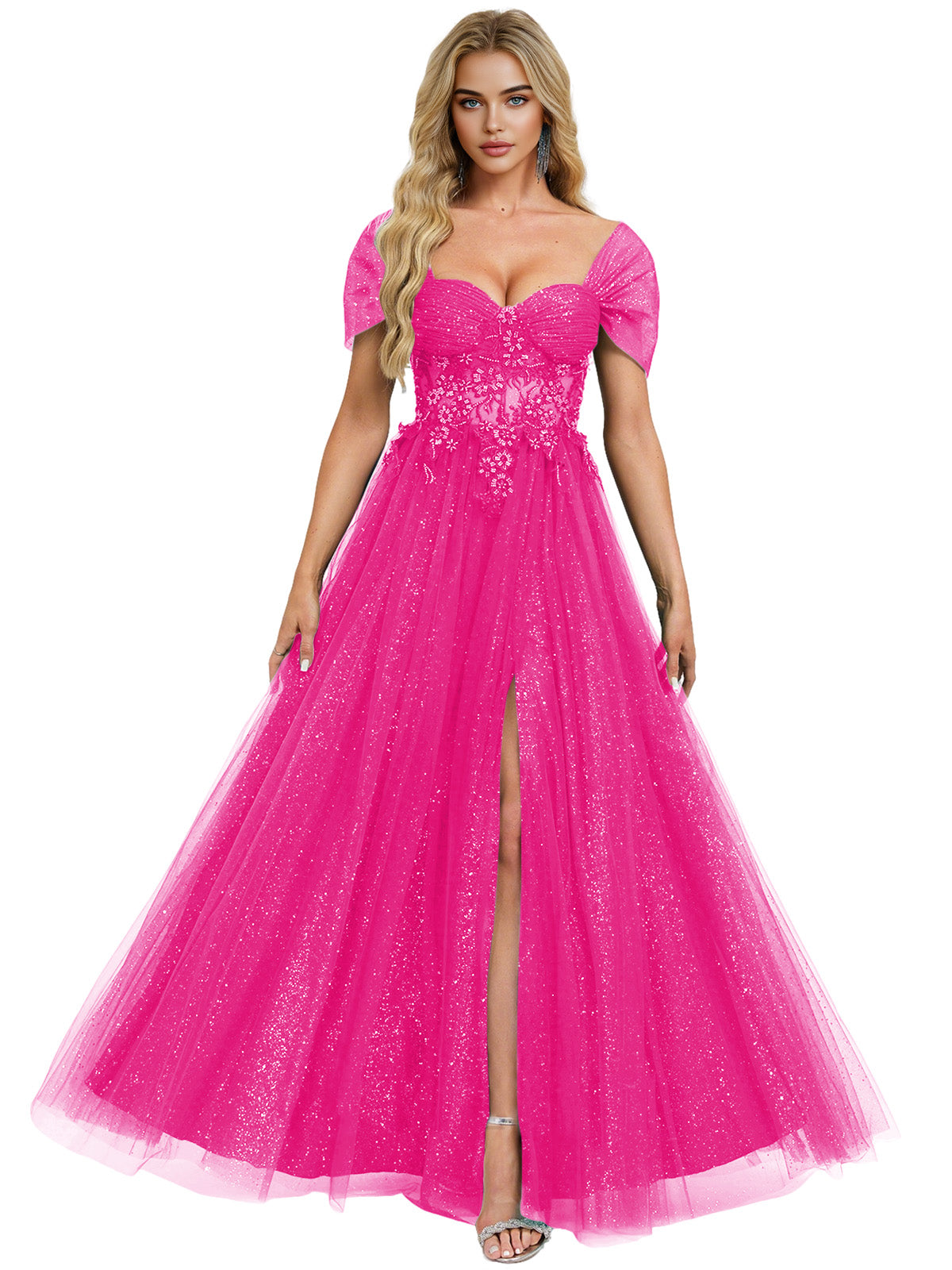 Short Sleeve Glitter Tulle Prom Dress with Illusion Bodice and Slit