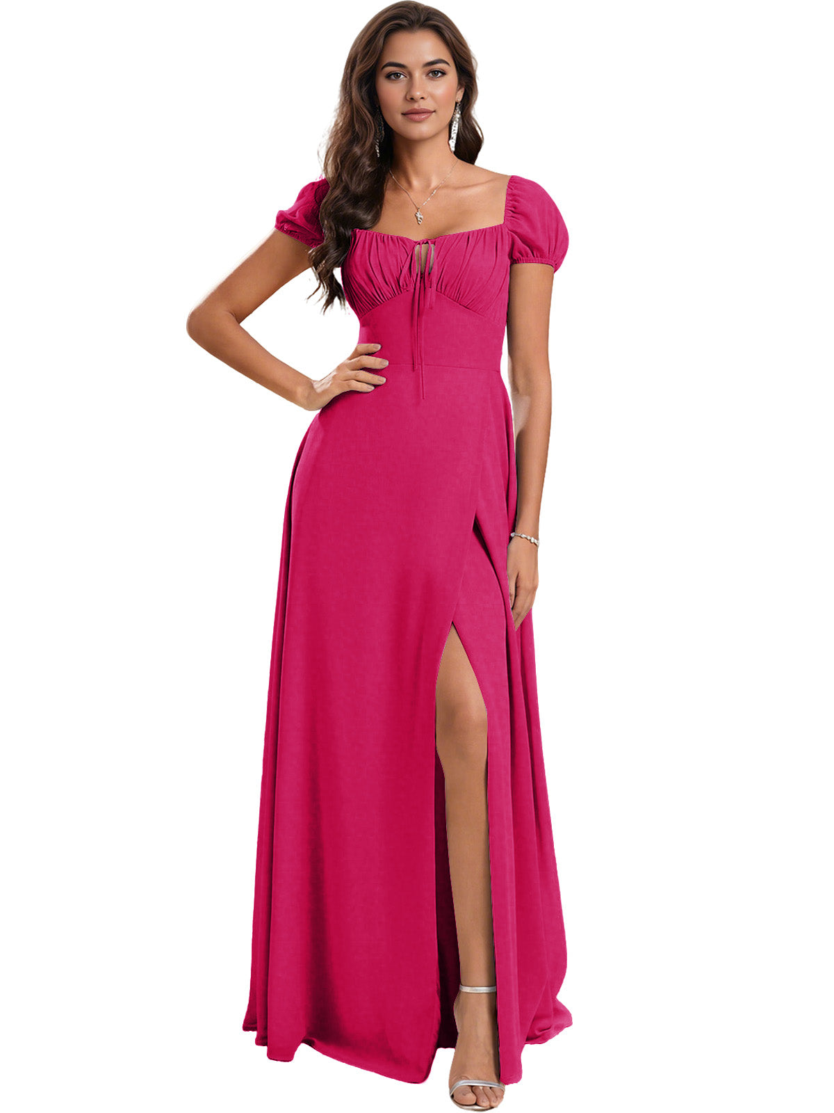 Ruched Short Sleeve Chiffon Bridesmaid Dress with Side Slit