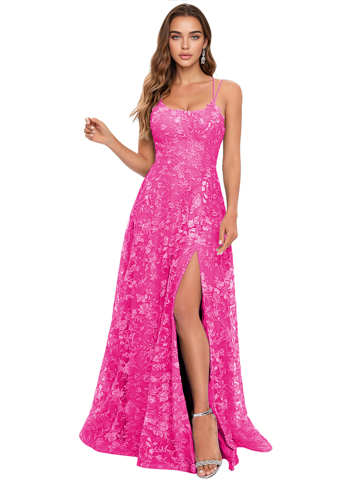 Scoop Neck Lace A-Line Prom Dress with Spaghetti Straps and Side Slit