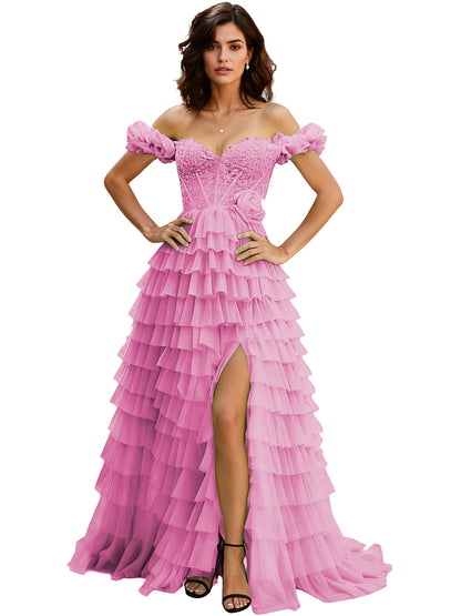 Off Shoulder Tulle Ball Gown Prom Dress with Ruffle Sleeves and Slit