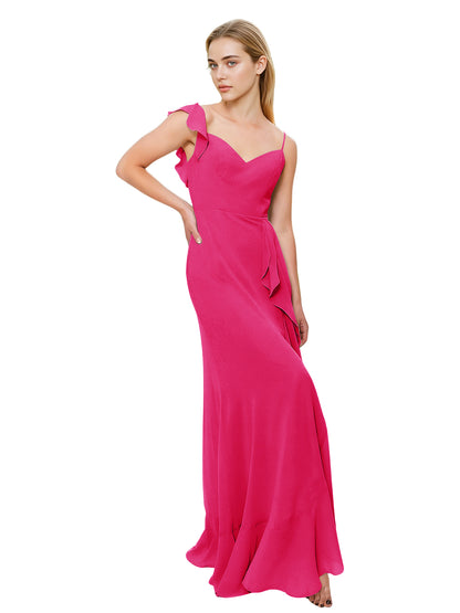 V-Neck Ruffle Strap Bridesmaid Dress with Cascading Chiffon Dress