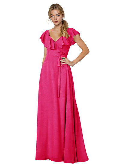 Tie Neck Chiffon Bridesmaid Dress with Flutter Sleeves