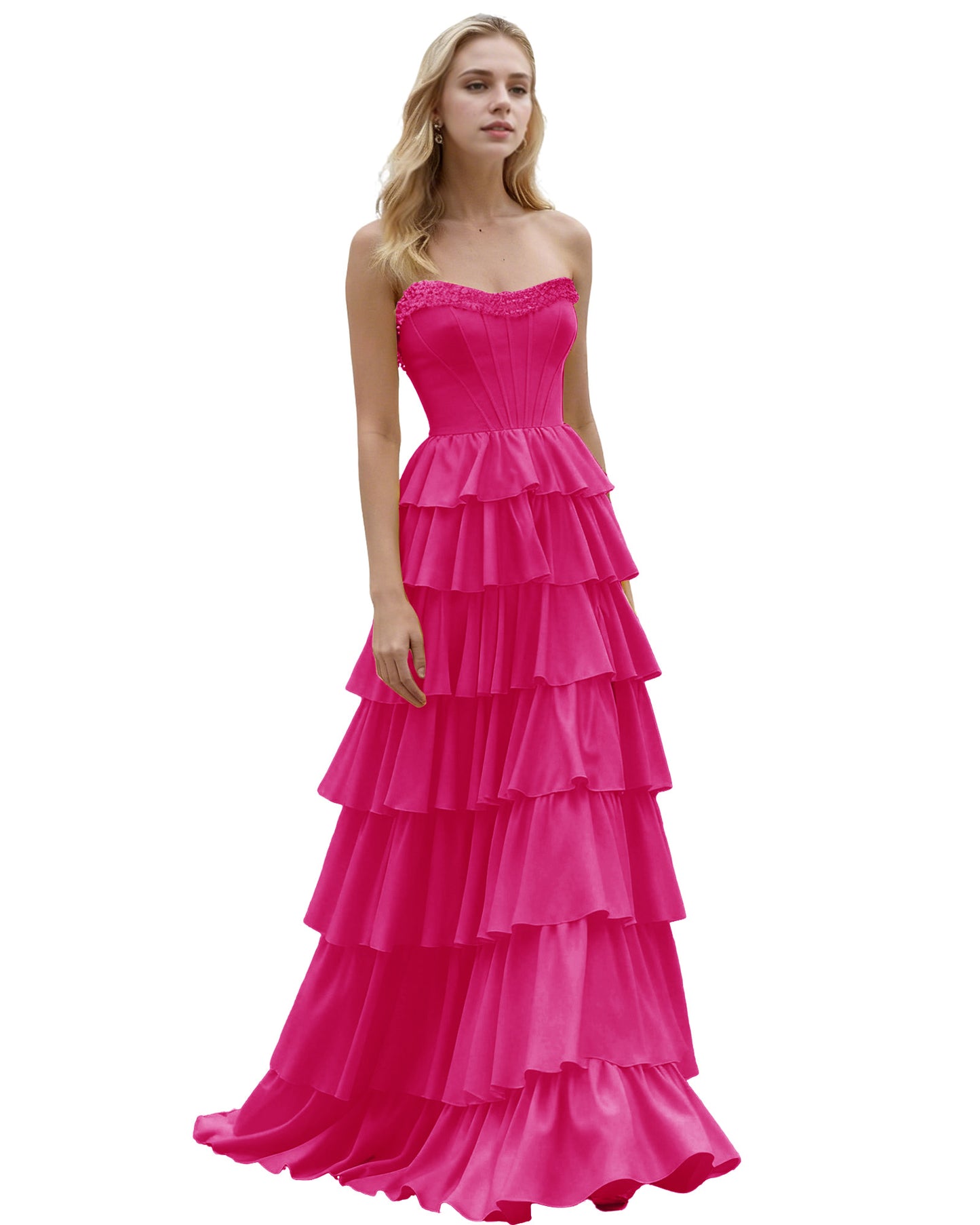 Strapless Tiered Ruffle A-Line Prom Dress with Corset Bodice