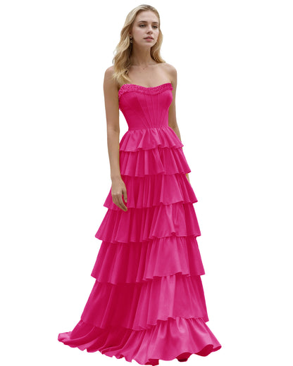 Strapless Tiered Ruffle A-Line Prom Dress with Corset Bodice