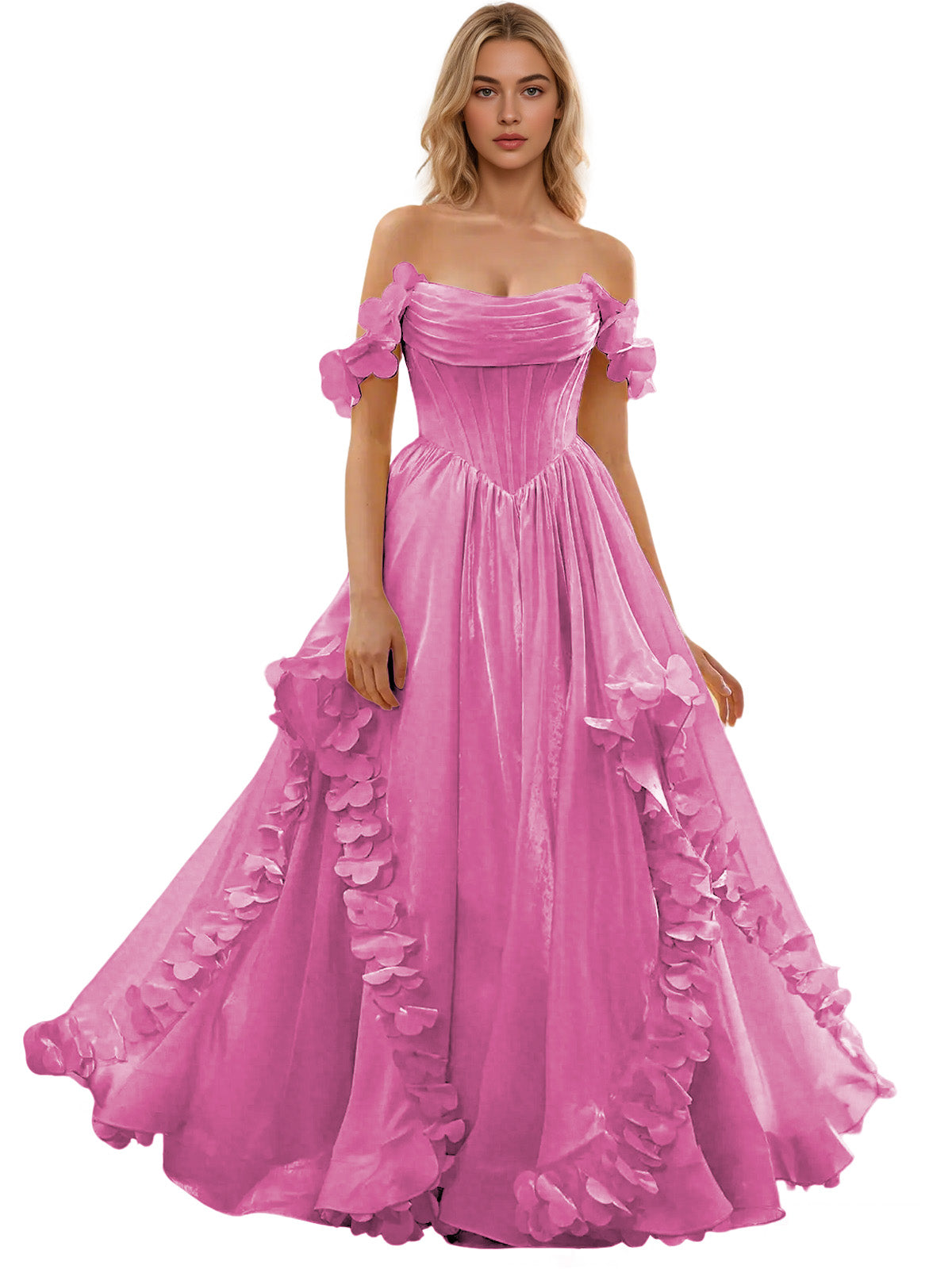 Off Shoulder Ruffle Tulle Ball Gown Prom Dress with Floral Applique