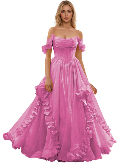 Off Shoulder Ruffle Tulle Ball Gown Prom Dress with Floral Applique