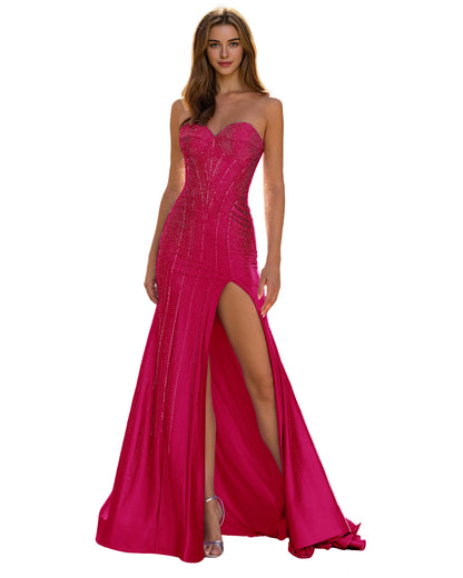 Strapless Sequin Column Prom Dress with Side Slit and Sweep Train