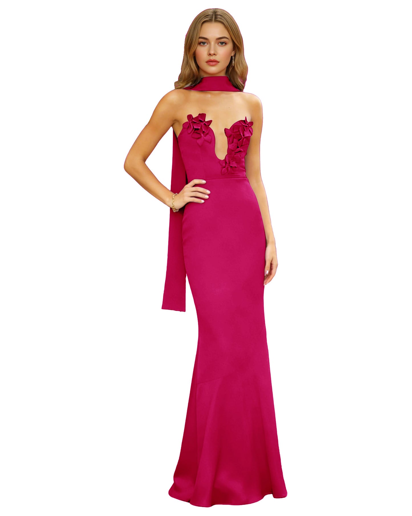Halter Neck Satin Column Prom Dress with Illusion Cutout and Open Back