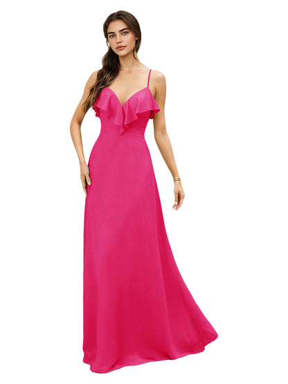 Ruffle V-Neck Chiffon Bridesmaid Dress with Spaghetti Straps