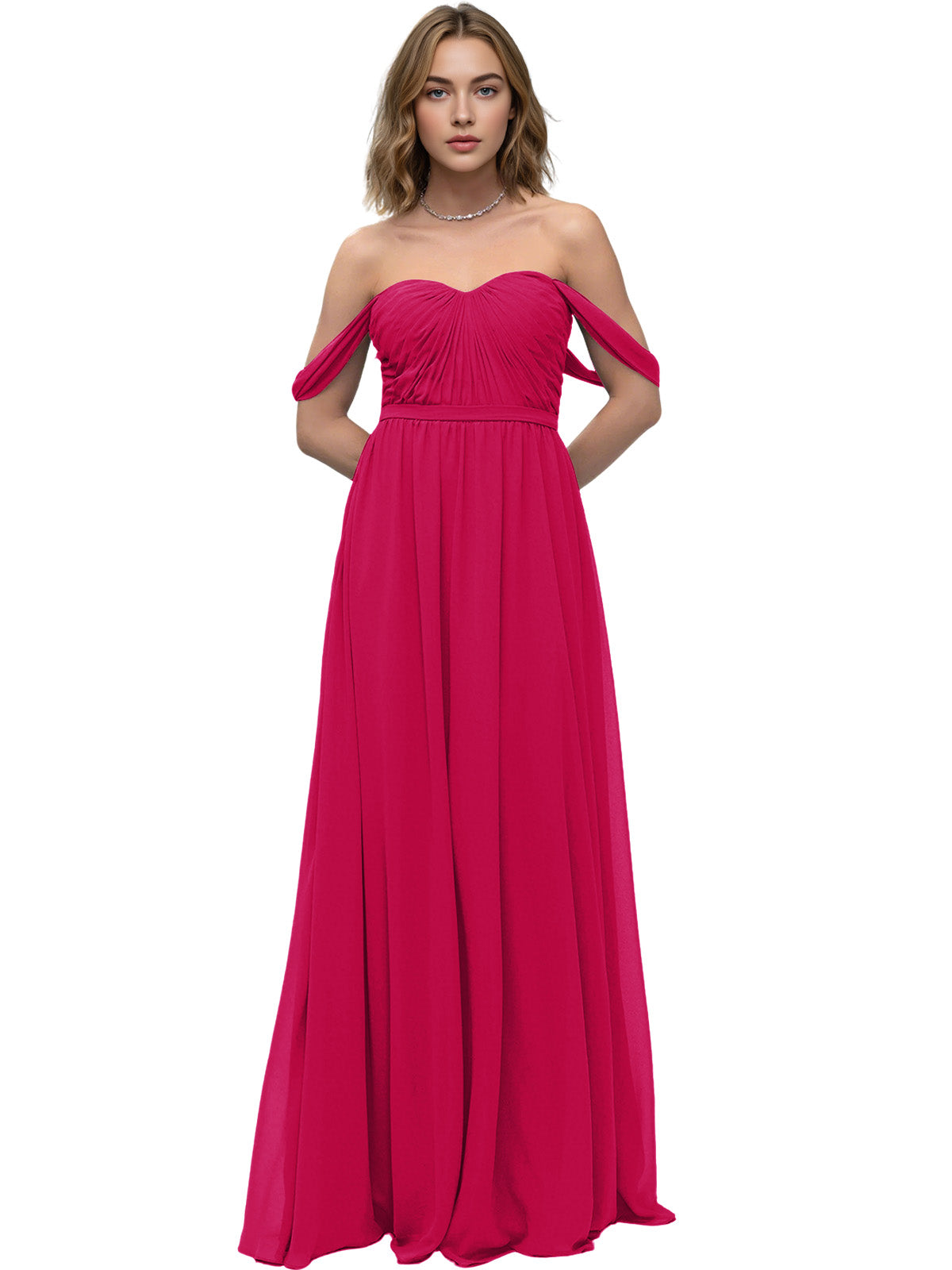 Off Shoulder Sweetheart Chiffon Bridesmaid Dress with Ruched Bodice