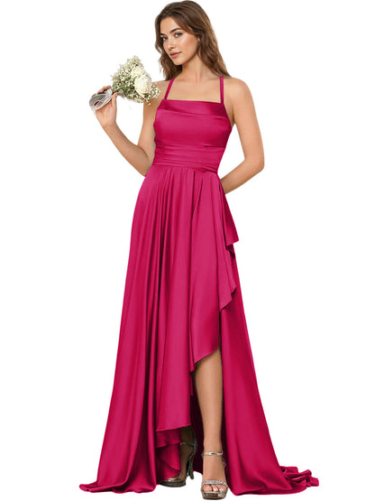 Open Back Halter Bridesmaid Dress with High Low Overlay dress