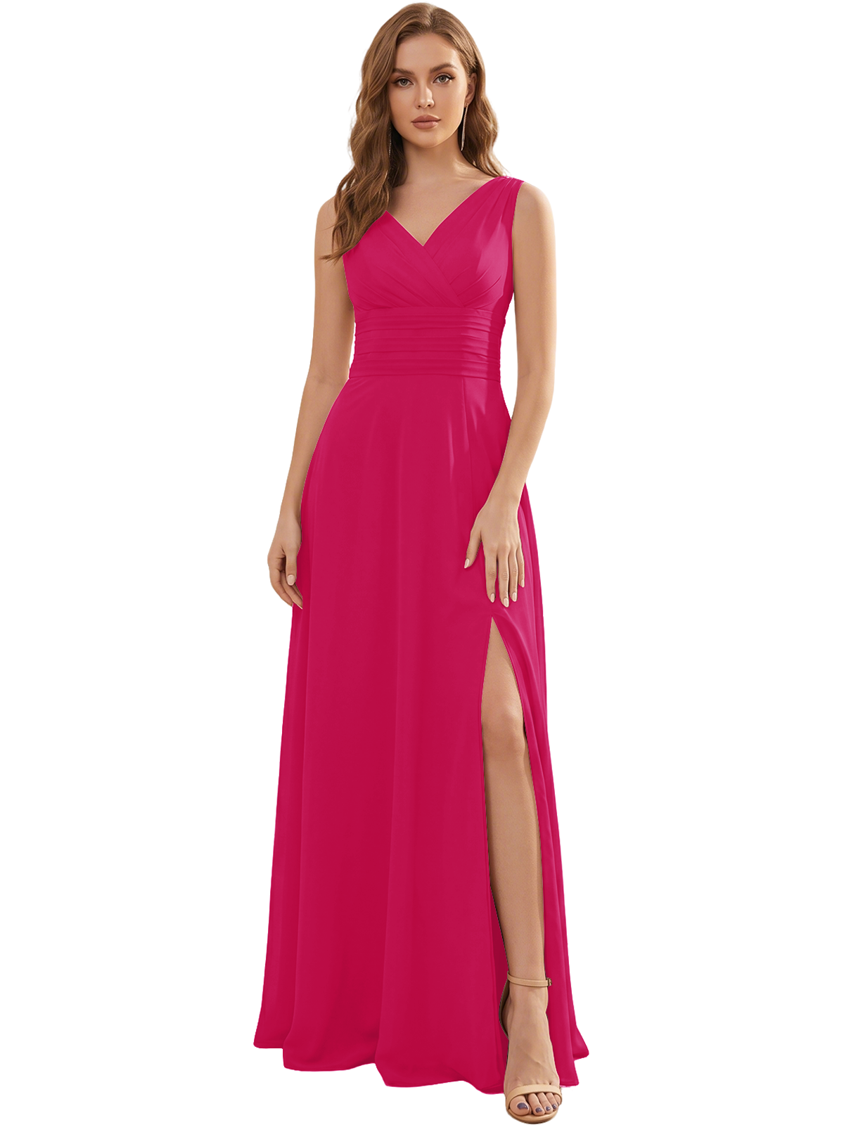 V-Neck Chiffon Bridesmaid Dress with Ruched Waist and Slit