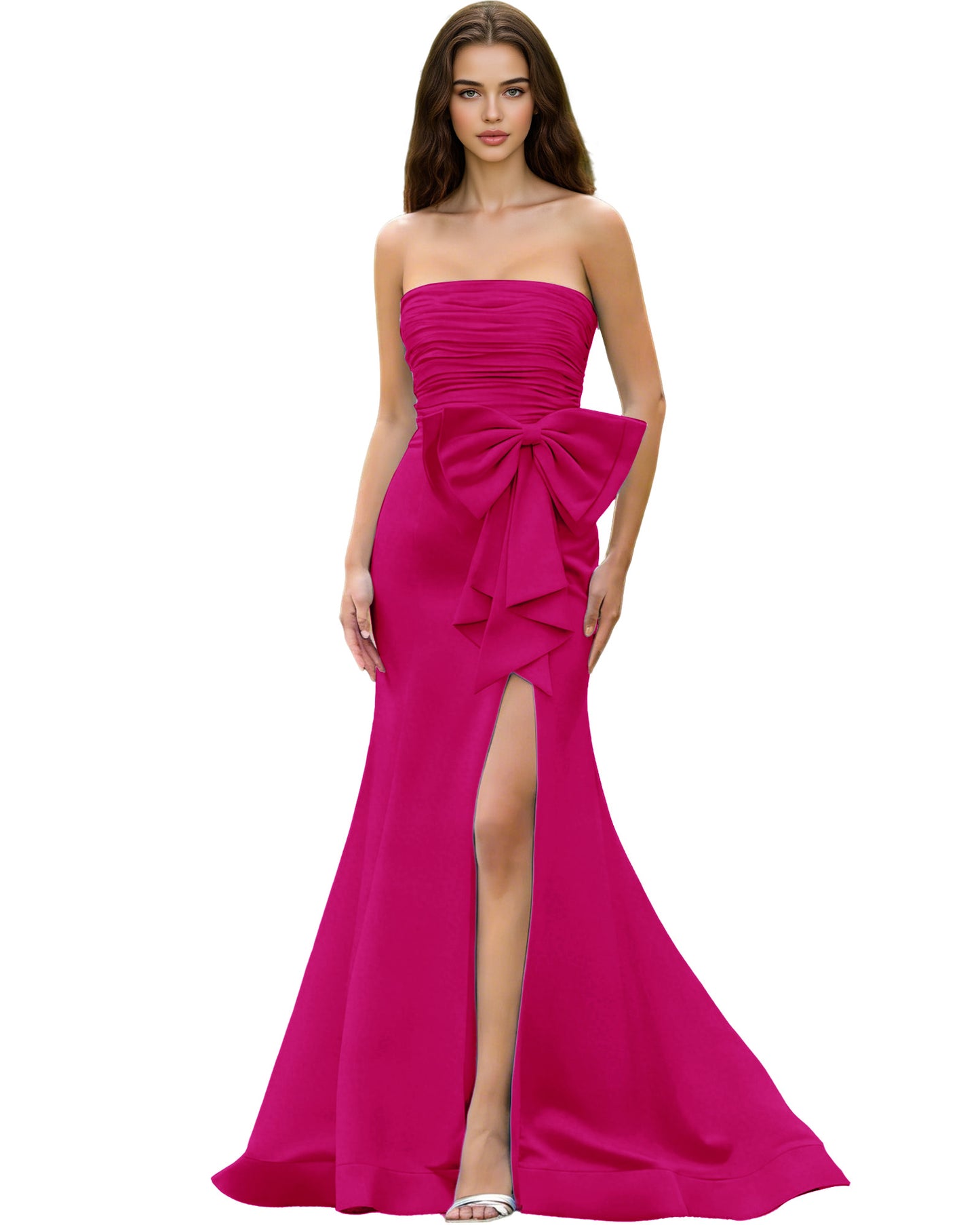 Strapless Bow Detail Satin Prom Dress with Ruched Bodice and Slit