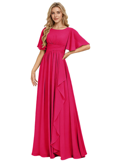 Flutter Sleeve Chiffon Bridesmaid Dress with Tiered Front Ruffle