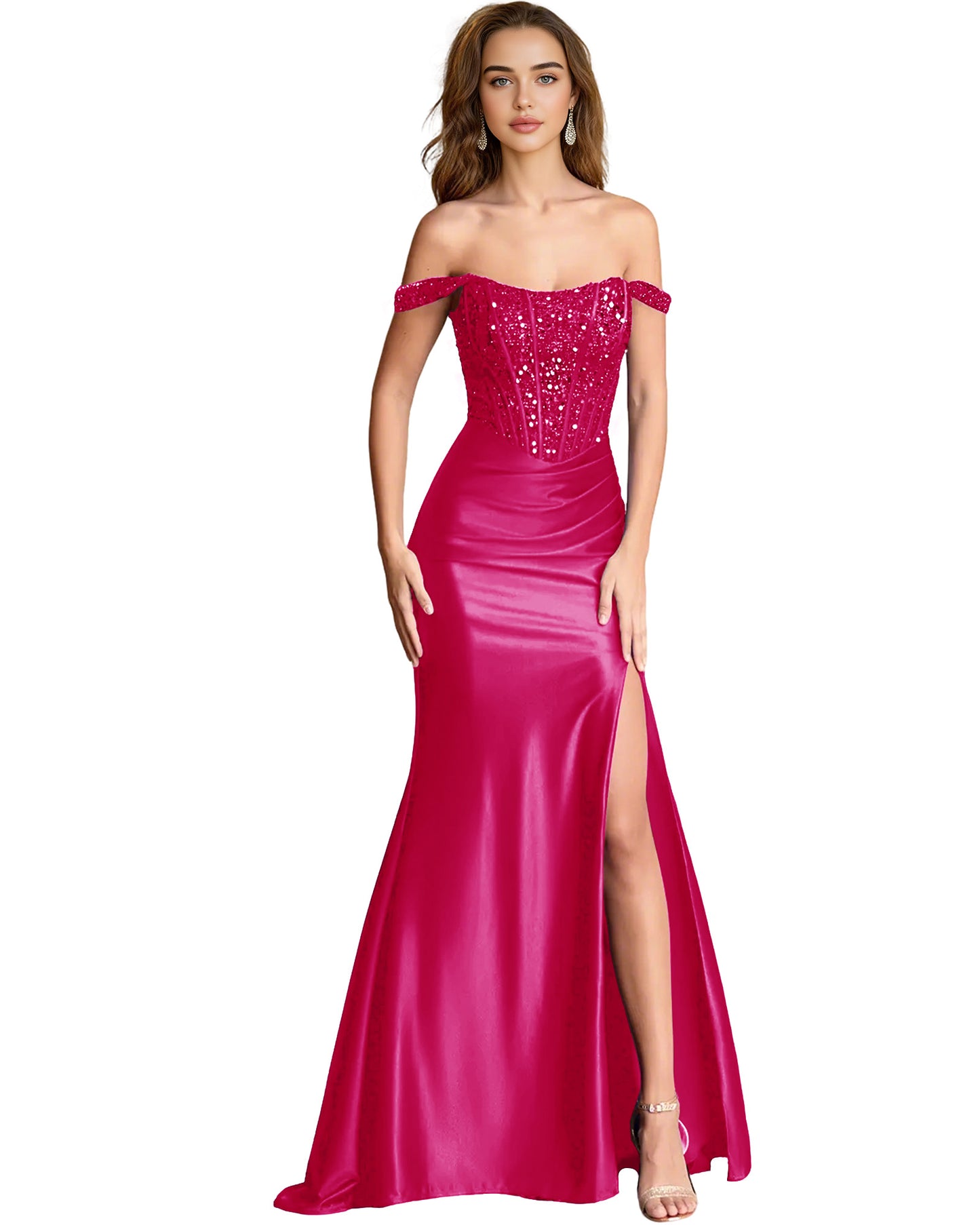 Off Shoulder Sequin Satin Mermaid Dress with Draped dress Slit