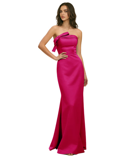 Strapless Satin Bridesmaid Dress with Draped Bodice and Side Slit