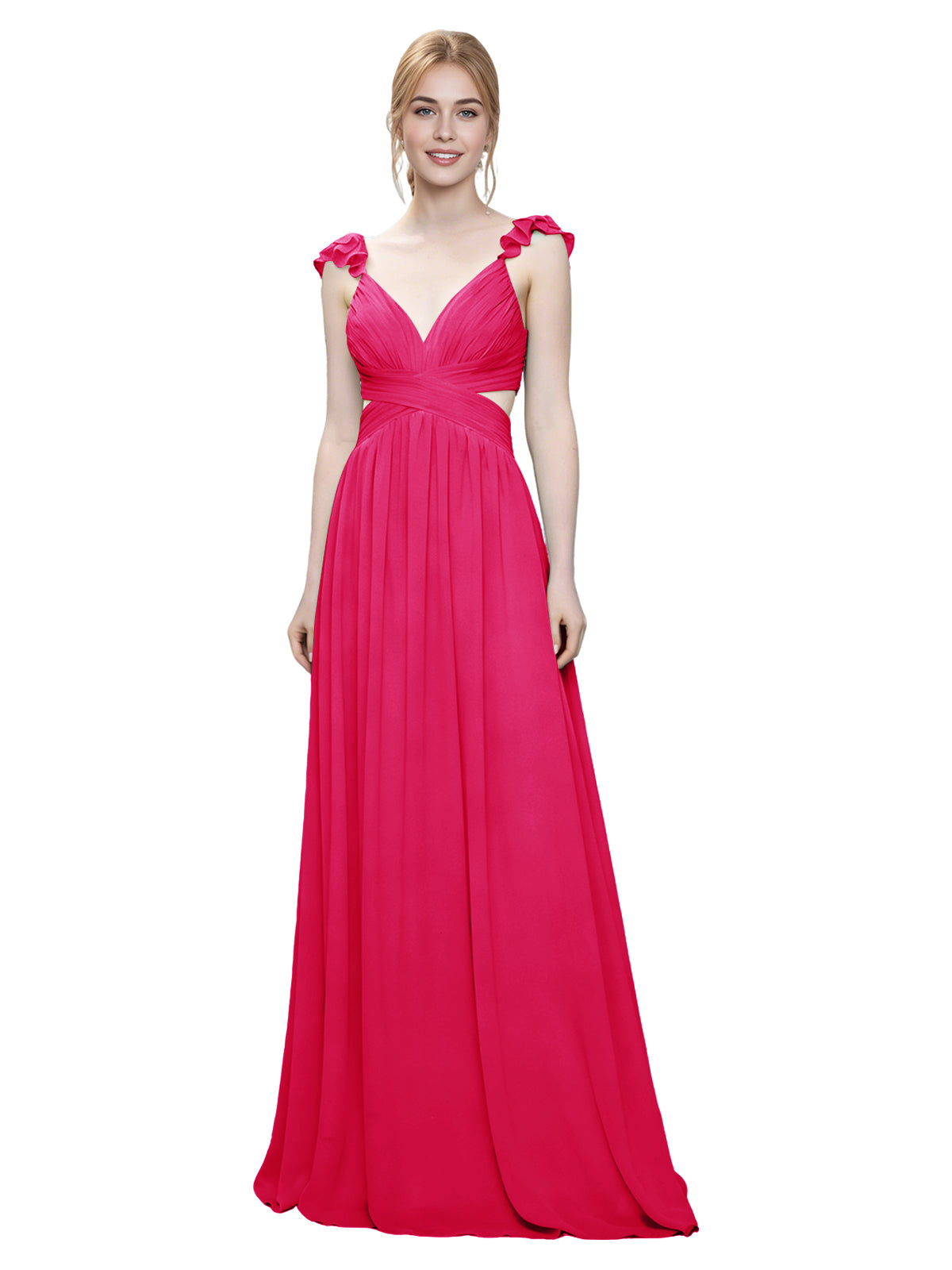 Ruffle Strap V-Neck Tulle Bridesmaid Dress with Pleated Waist