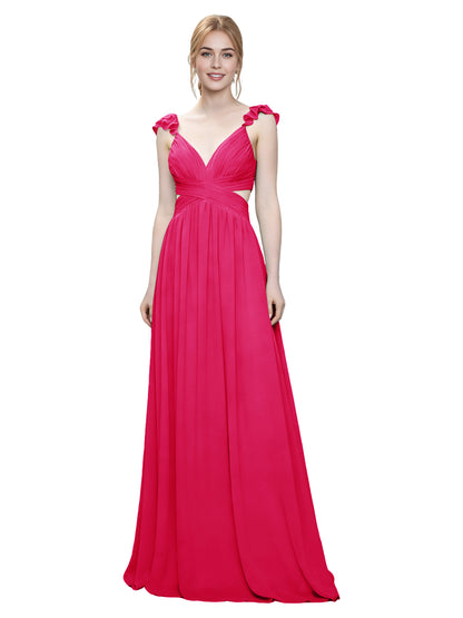 Ruffle Strap V-Neck Tulle Bridesmaid Dress with Pleated Waist