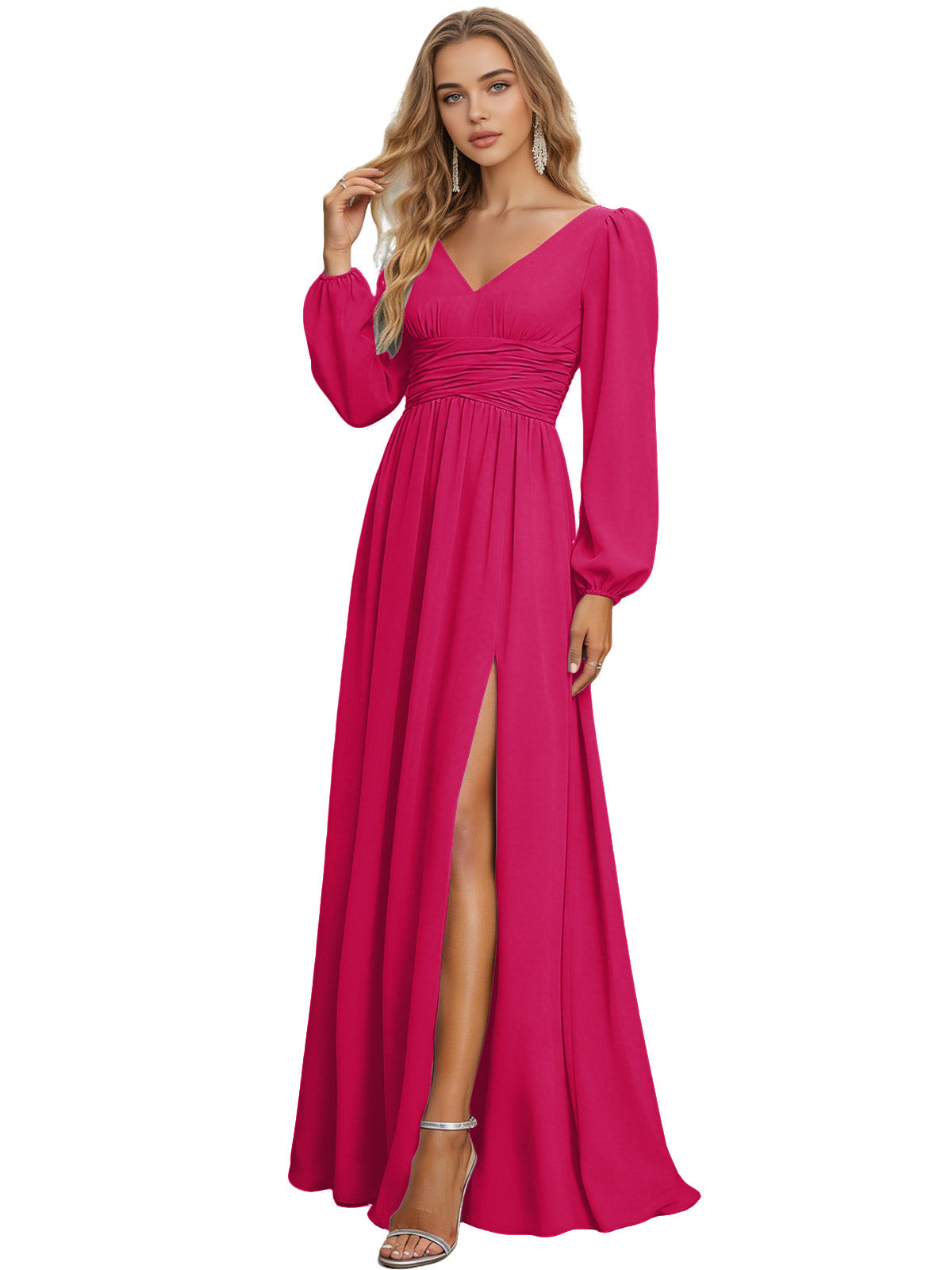 Long Sleeve V-Neck Chiffon Bridesmaid Dress with Front Slit