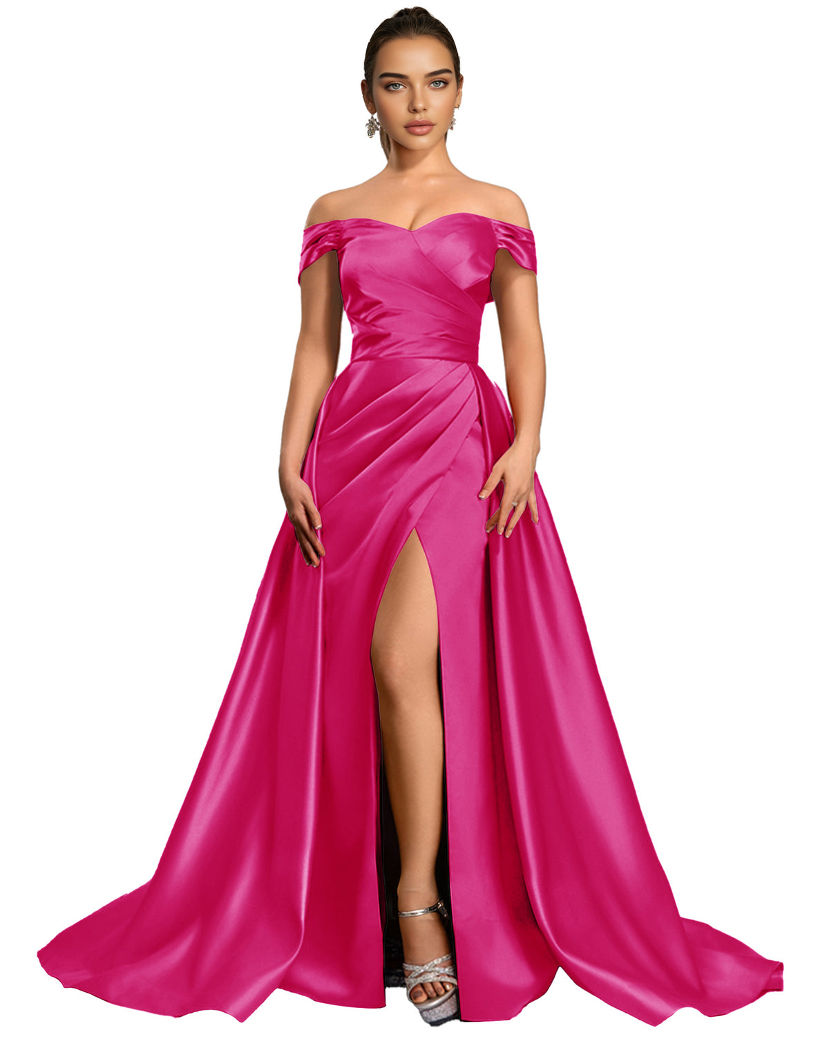 Off Shoulder Satin Ball Gown Prom Dress with Draped Bodice and Slit