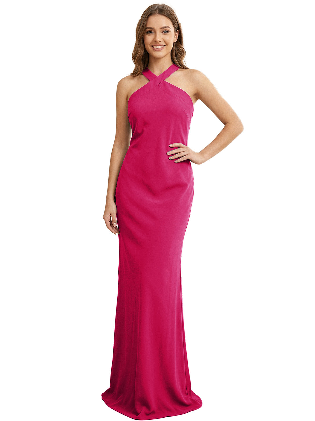 High Neck Halter Bridesmaid Dress with Sleek Column Silhouette