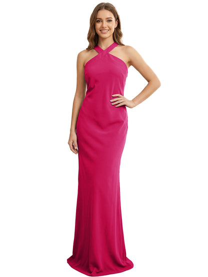 High Neck Halter Bridesmaid Dress with Sleek Column Silhouette