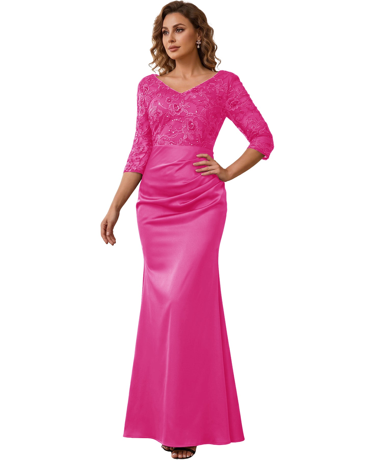 Mother of the Bride Dress Long Lace Mermaid Formal Gown with 3/4 Sleeves