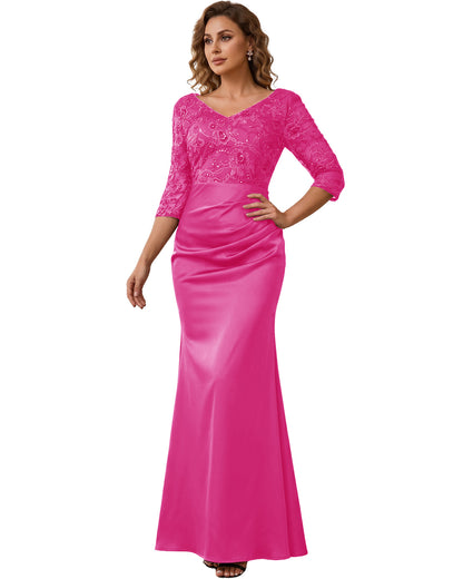 Mother of the Bride Dress Long Lace Mermaid Formal Gown with 3/4 Sleeves
