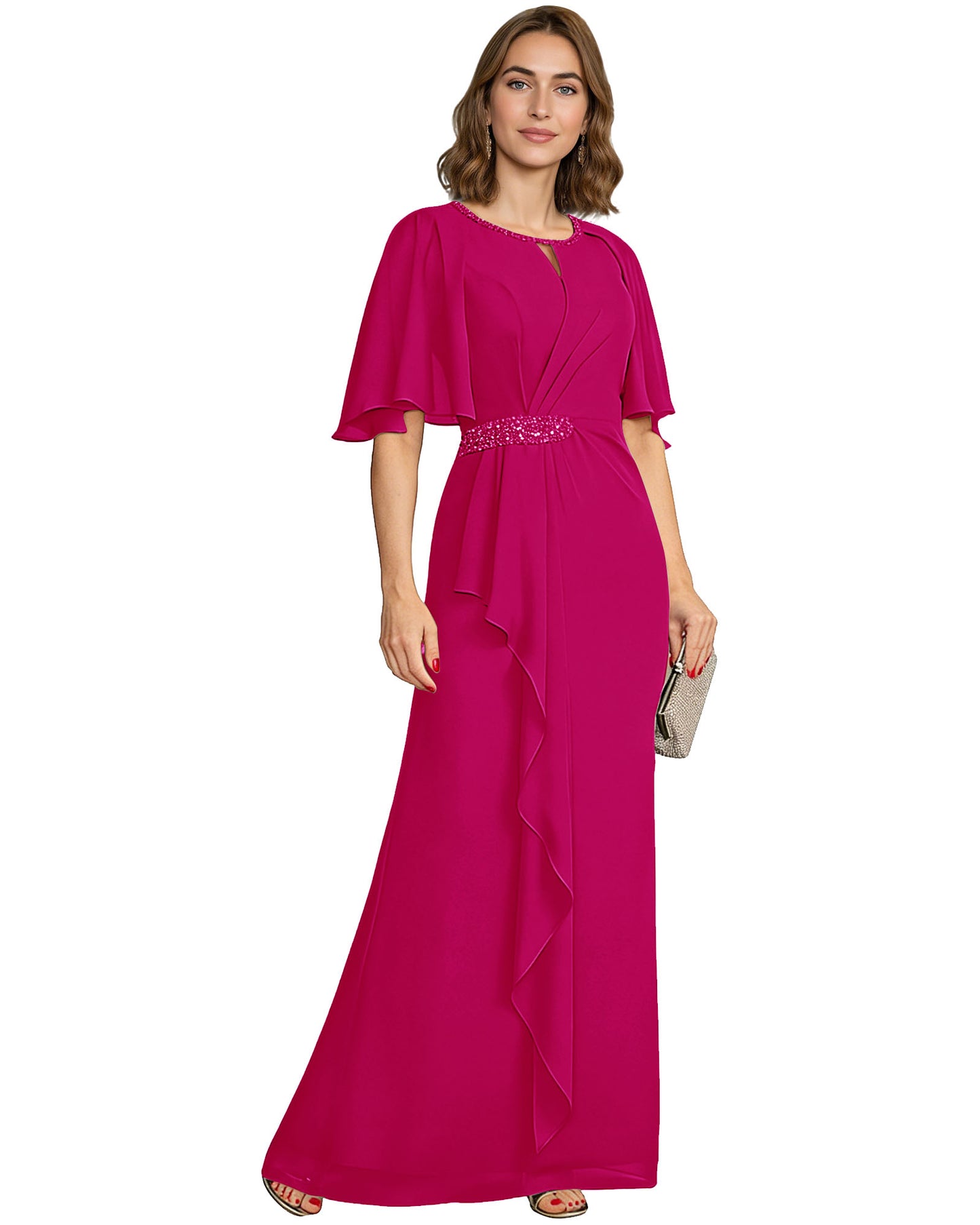 Long Mother of the Bride Dress Chiffon Flutter Sleeve Beaded Waist Formal A-Line Gown
