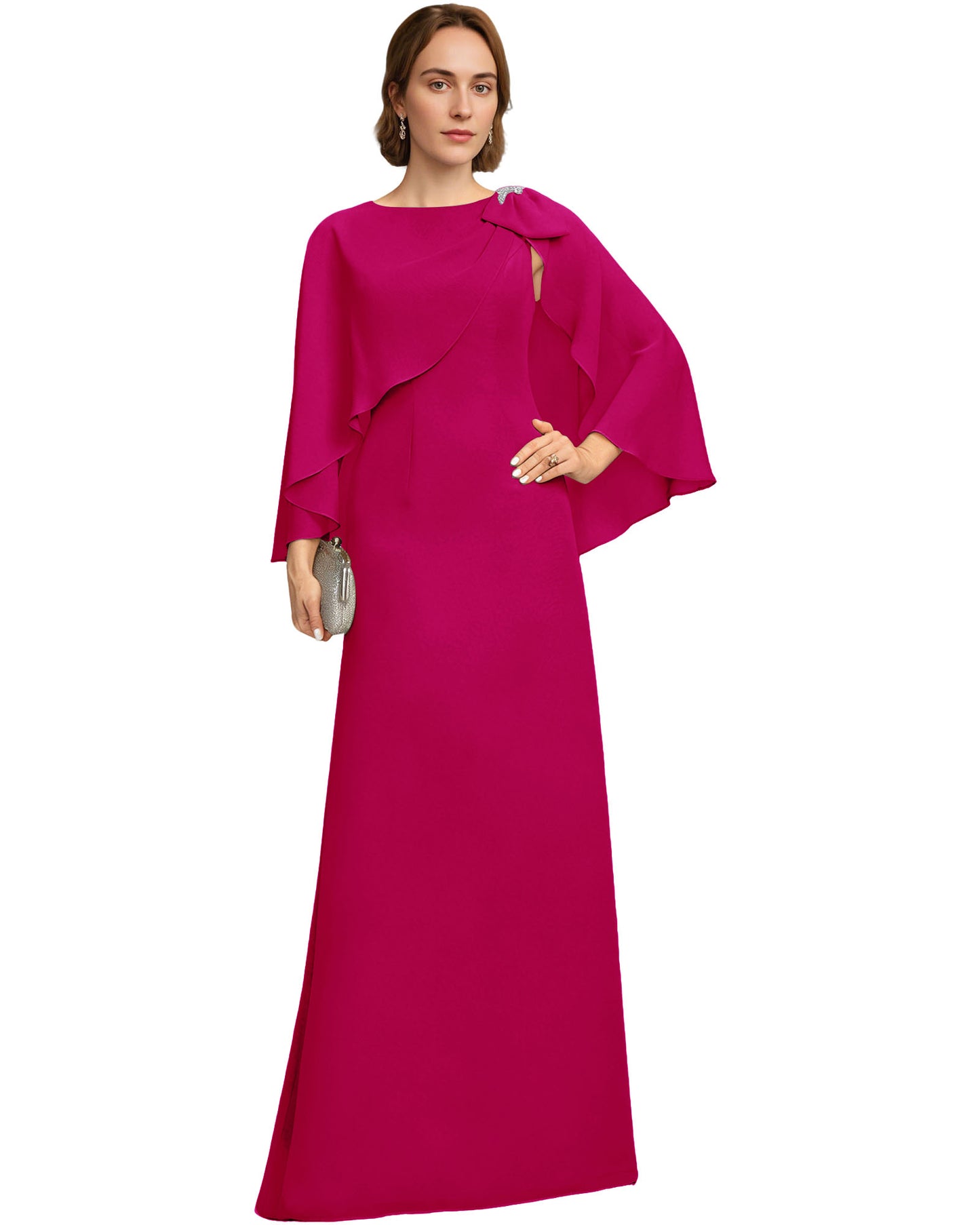 Long Cape Sleeve Mother of the Bride Dress Jewel Neck Chiffon Column Gown with Bow Detail