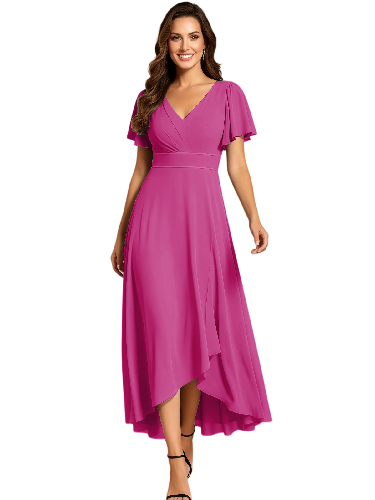 High Low Mother of the Bride Dress V-Neck Flutter Sleeve Chiffon Formal Gown