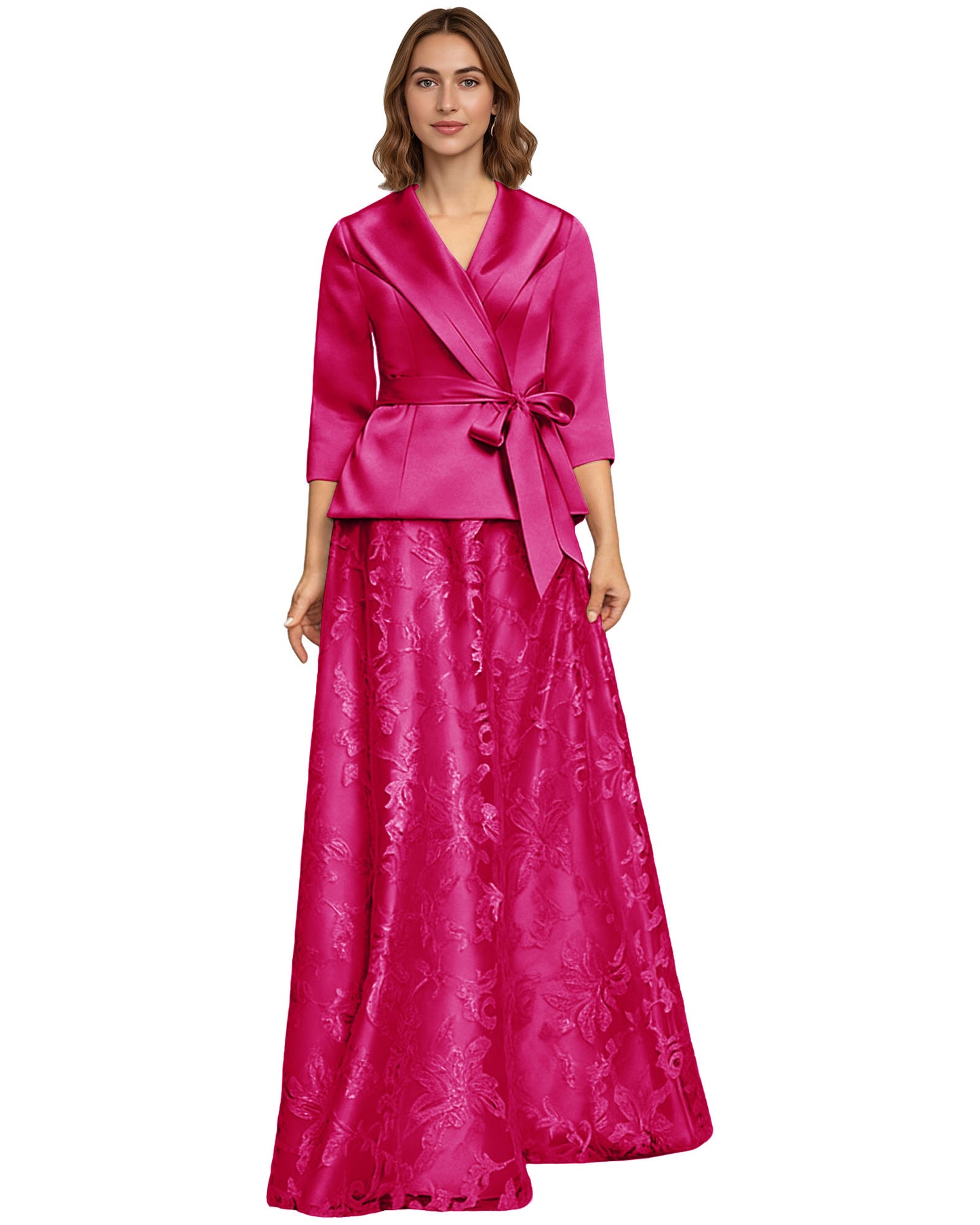 Two Piece Mother of the Bride Dress Satin Wrap Top Embroidered Long Skirt Formal Set