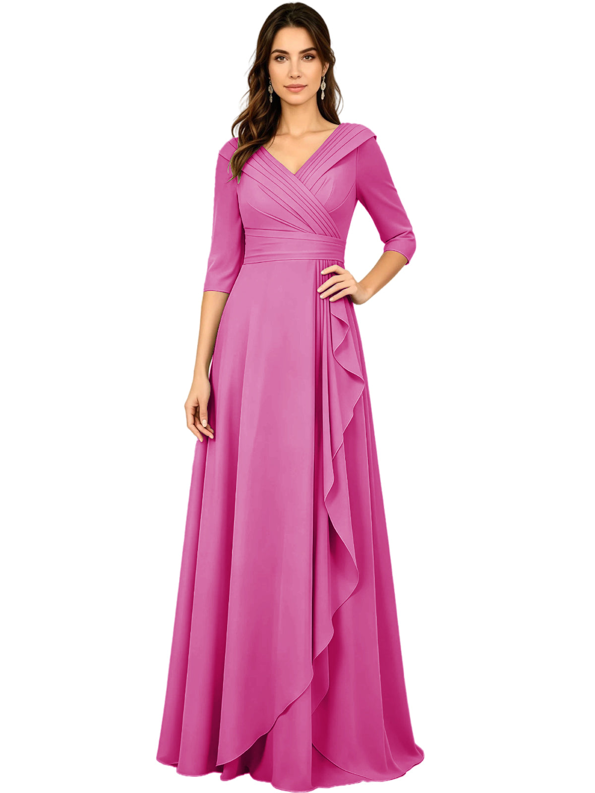 Long V-Neck Mother of the Bride Dress Chiffon Half Sleeve A-Line Gown with Side Ruffle